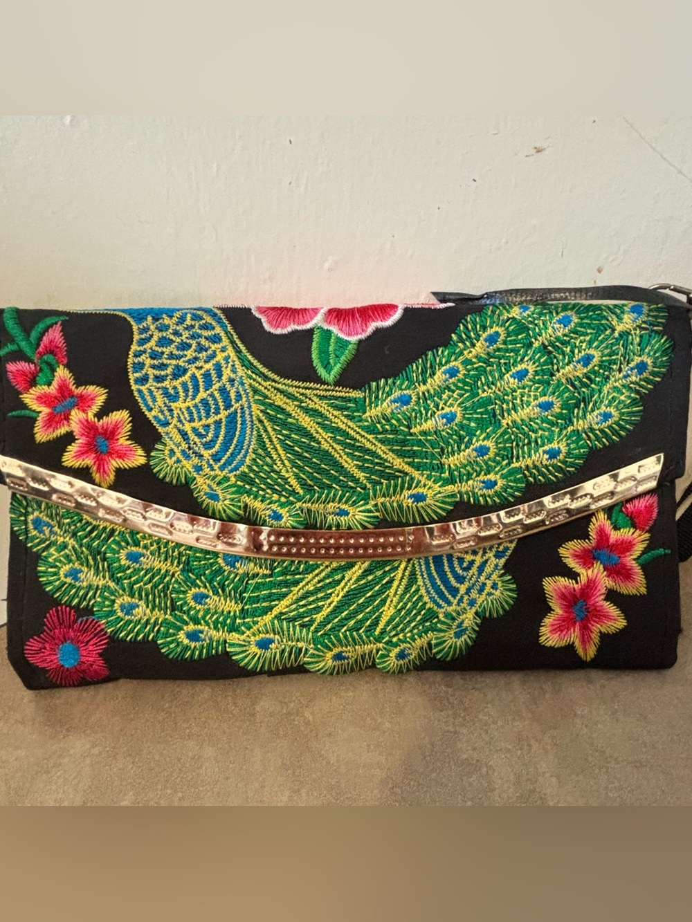 Gorgeous Traditional, Mexican Embroidered Green Peacock Clutch Bag